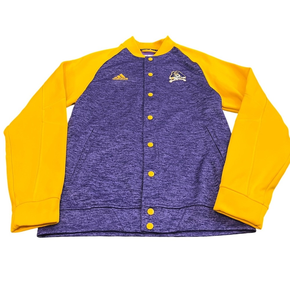 Adidas ECU Pirates Varsity Jacket Mens Small Purple Gold Snap Button Bomber